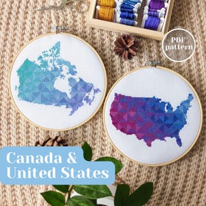 Ensemble de motifs de point de croix pour les États-Unis et le Canada. Carte brodée facile à coudre. Tutoriel créatif PDF de broderie moderne. Idée cadeau originale pour le bureau
