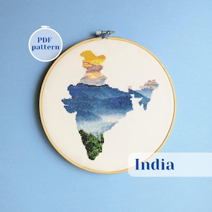 Patrón de mapa de la India para bordado en punto de cruz. Diseño de bordado de paisaje con fondo de atardecer. Gráfico en PDF de punto de cruz moderno con temática de Bombay y Delhi.