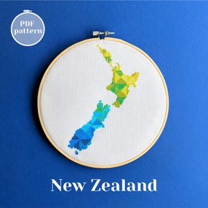 Neuseeland Landkarte Kreuzstich PDF Chart. Einfaches Stickmuster für ein einzigartiges Geschenk. Moderne farbenfrohe Stickdatei für Reiseandenken