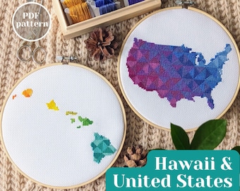 USA and HAWAII maps cross stitch pattern set. Easy embroidery instruction for mental health time. Unique artisanal gift for a loved one