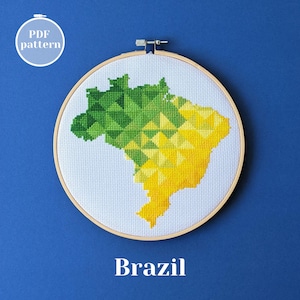 Brasilien Karte Kreuzstichmuster. Einzigartiger Reisewandbehang. Modernes Stickdesign. Einfache Zählvorlage zum sofortigen Download.
