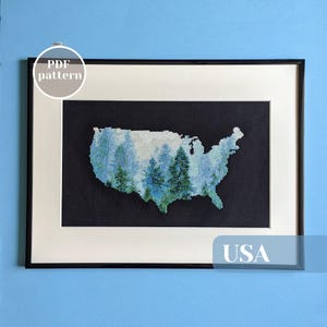 Kruissteekpatroon voor een kaart van de VS. Unieke borduurdecoratie met een Amerikaans thema voor 4 juli. Een ontspannend knutselidee met een gezellige uitstraling.