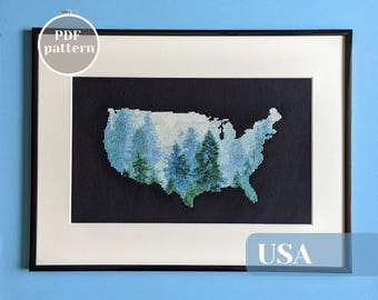Cross stitch pattern for map of USA. America themed unique 4th of July embroidery decor. Stress relief craft idea with cozy aesthetic