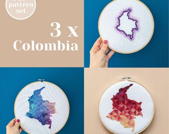 3 x Colombia cross stitch map patterns. Set of THREE contemporary counted xstitch charts. Creative thread craft for offline hobby