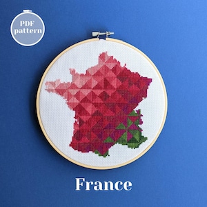 Frankreich Landkarte Kreuzstichmuster. Modernes gesticktes schickes Pariser Dekor. Anfängern einfaches xStichtabellen-Tutorial für ein cooles DIY-Geschenk