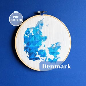 Denmark map cross stitch PDF pattern. Modern minimalistic embroidery design. Unique gift for a Copenhagen friend. Eco friendly decor idea