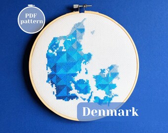 Denmark map cross stitch PDF pattern. Modern minimalistic embroidery design for offline hobby. Unique gift for a Copenhagen friend.