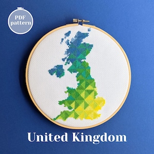 Modèle de point de croix de carte du Royaume-Uni | Silhouette britannique pour broderie | Conception PDF xstitch pour une décoration murale moderne | Idée cadeau DIY unique