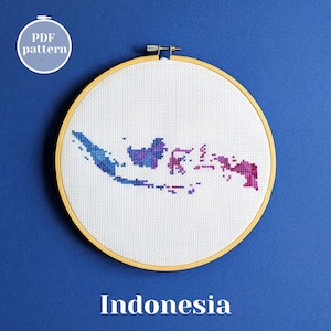 Indonesia cross stitch pattern. Counted xstitch chart for instant download. Modern simple embroidery scheme. Asia Bali island map silhouette