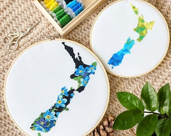 New Zealand maps set of TWO cross stitch patterns. Counted simple embroidery charts for anxiety relief craft. Xstitch bundle of PDF designs.