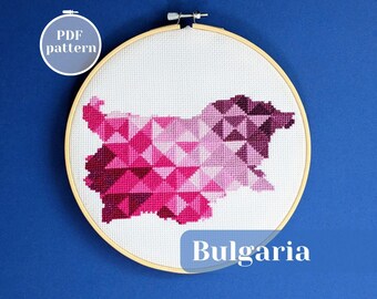 Bulgaria cross stitch pattern. DIY wall decor map or gift idea for a friend from Sofia. Simple counted xStitch chart for mindful making.