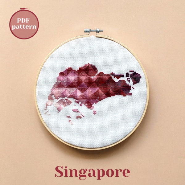 Singapore cross stitch pattern. Asian country map silhouette. Modern xstitch counted chart. Simple embroidery scheme. DIY wall decor gift