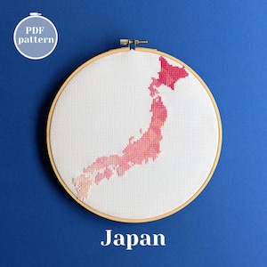 Kruissteekpatroon Japanse kaart. Landelijke vorm van kersenbloesem om te borduren. Modern steekontwerp in roze palet. Zelf wanddecoratie maken