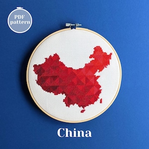 Modèle de carte de la Chine au point de croix. Silhouette paysanne géométrique simple à broder. Design moderne pour créer un cadeau unique pour le Nouvel An chinois