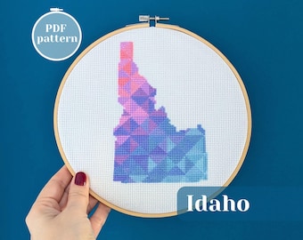 Idaho cross stitch pattern. United States (USA) map embroidery design. Simple xstitch chart for cozy Christmas needlework and me time