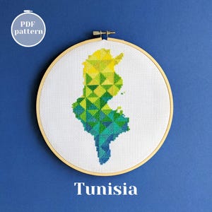 Modèle de point de croix de carte de la Tunisie à télécharger instantanément. Oeuvre d'art de décoration murale de style minimaliste. Bricolage pour adultes. Cadeau d'anniversaire pour les parents