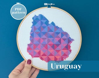 Uruguay map cross stitch PDF pattern for instant download. Simple embroidery ideas for DIY hobby. Creative gift option for traveler friend.