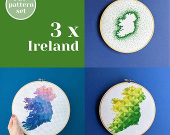 3 x Ireland cross stitch set of patterns. Emerald Island silhouette for modern embroidery. Unique DIY offline hobby idea for Irish fellow