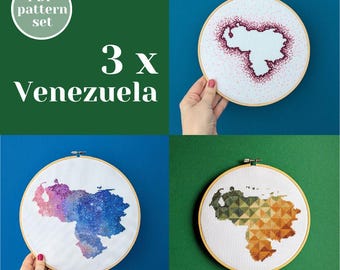 3 x Venezuela cross stitch map patterns. Set of THREE modern counted xstitch charts. Creative thread creation to gift for a crafty friend