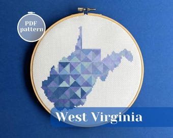 West Virginia (USA) map cross stitch pattern. Original xStitch project tutorial for instant download. Thoughtful gift for homesick friend.