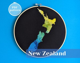 New Zealand map outline stitch PDF pattern. Colorful DIY Embroidery charts for mindful hobby. Feel good gift for  creative friend