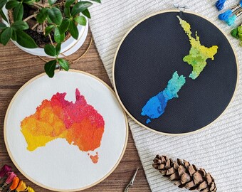 Australia & New Zealand maps cross stitch pattern set. Simple contemporary needlework art. Unique gift idea for creative who embroiders