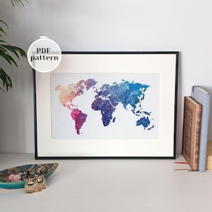 世界地図のクロスステッチ図案をすぐにダウンロードできます。銀河をテーマにしたマルチカラーの刺繍パターン。初めてのホームギフトにぴったりのDIY刺繍作品