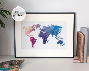 Mapa-múndi em ponto cruz para download imediato. Padrão de bordado multicolorido com tema de galáxia. Peça de bordado "faça você mesmo" para presente de boas-vindas à casa própria.