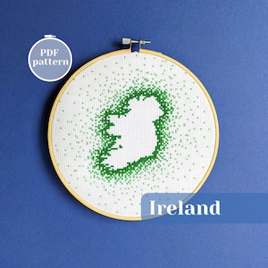 Kreuzstichmuster von Irland Landkarte. Smaragdinsel Silhouette Negativ Weltraum Stickerei. Einzigartige DYI Geschenkidee für Reisende oder Dubliner