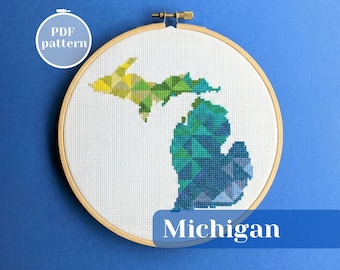 Michigan (USA) cross stitch pattern for calming hobby. DIY colorful design of American state outline. Digital files for instant download