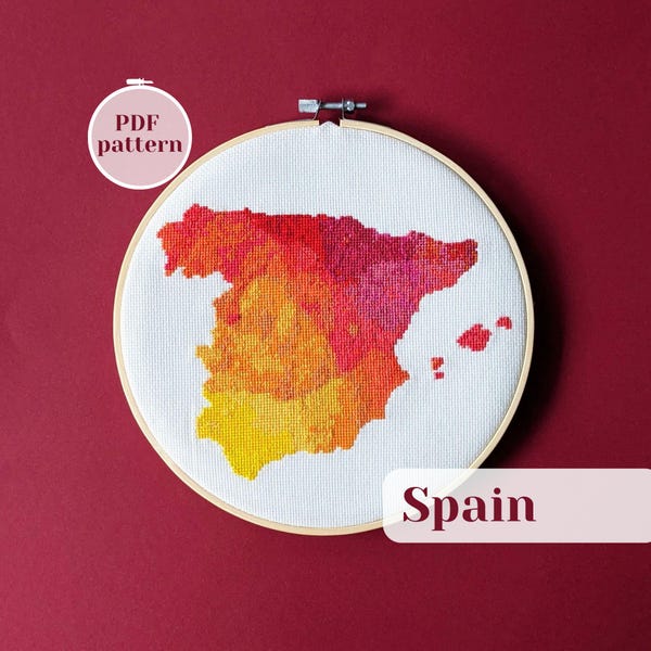 Modèle de point de croix de carte d'Espagne : broderie aquarelle, cadeau DIY (modèle PDF)