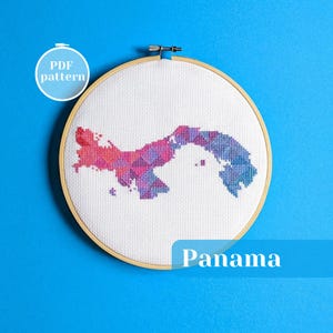 Panama map cross stitch PDF pattern. Modern counted xStitch chart for instant download. DIY Central America  wall embroidery decor