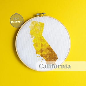California map cross stitch pattern. Modern simple xStitch PDF chart. Custom travel going away gift idea. Creative embroidery decoration