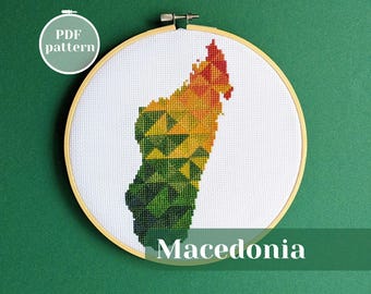 Madagascar map cross stitch pattern. Screen free activity with modern simple xStitch PDF chart. Colorful DIY embroidery for analog hobby