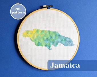 Jamaica map cross stitch pattern. Modern simple xStitch chart. Custom gift idea for introverts and colorful crafting embroidery decor