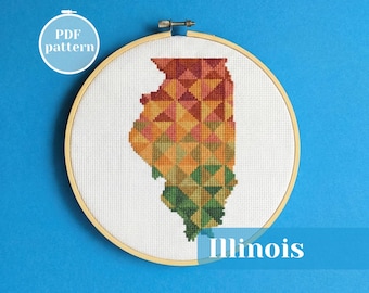 Illinois (USA) map cross stitch pattern. Modern minimalistic embroidery design. Unique gift for a Chicago friend. Eco friendly analog hobby