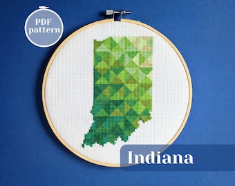Indiana (USA) map cross stitch PDF pattern. Original xStitch project tutorial for instant download. Thoughtful gift for analog friend.