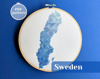 Sweden map cross stitch pattern. Counted modern xstitch PDF chart. Creative DIY embroidery decoration. DIY gift for Stockholm resident