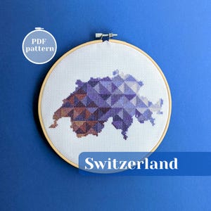 Wzór haftu krzyżykowego z mapą Szwajcarii. Nowoczesny wzór ściegu krzyżykowego. Prosty schemat haftu w formacie PDF do natychmiastowego pobrania. Prezent DIY dla przyjaciela podróżnika.