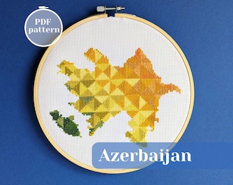Azerbaijan map cross stitch pattern in rich, earthy colors. Modern simple PDF chart for grandma hobby. Embroidery decor with Baku motif
