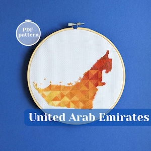 United Arab Emirates map embroidery pattern. Modern xstitch design for teacher appreciation gift. Cross stitch decor with Dubai theme.