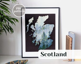 Scotland map cross stitch pattern with misty forest design. Modern nature needlecraft to frame. Thoughtful gift idea for Outlander fan