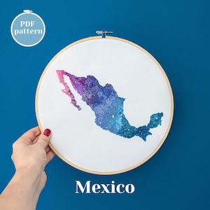 Patrón de punto de cruz del mapa de México con diseño de galaxia. Gráfico en PDF para bordado avanzado. Regalo de bordado artesanal para alguien a quien amas