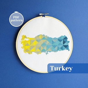 Kreuzstichmuster in Form einer Türkei-Landkarte. Modernes geometrisches Design für achtsames Kreuzsticken. Einzigartige DIY-Geschenkidee für kreative Freunde.