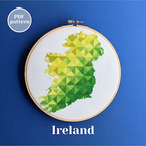 Patrón de punto de cruz con el mapa de Irlanda. Silueta de la Isla Esmeralda para bordar. Diseño en PDF xstitch para decoración de pared moderna. Idea de regalo DIY única.