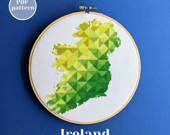Ireland map cross stitch pattern. Emerald Island silhouette for embroidery. PDF xstitch design for modern wall decor. Unique DYI gift idea