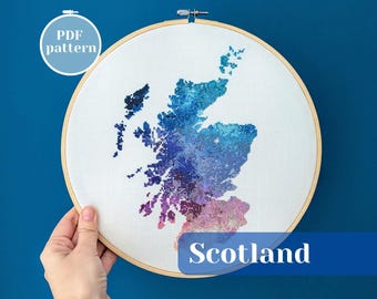 Scotland map cross stitch pattern. UK country silhouette for embroidery. PDF xstitch chart for modern wall decor with unique design