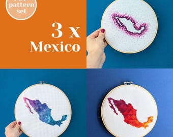 Mexico Map Cross Stitch Pattern Set, Contemporary Needlework (PDF Pattern)