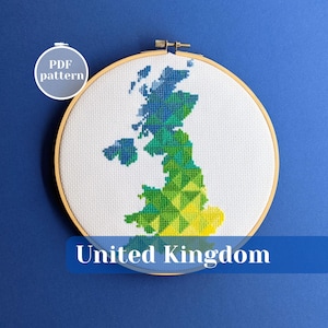 Patrón de punto de cruz con mapa del Reino Unido / Silueta del Reino Unido para bordado / Diseño xstitch en PDF para decoración de pared moderna / Idea de regalo única para bricolaje