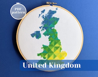 Mapa do Reino Unido em ponto cruz | Silhueta do Reino Unido para bordado | Desenho em PDF para decoração de parede moderna | Ideia de presente DIY exclusiva